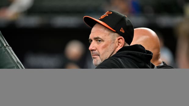 Oct 10, 2023; Arlington, Texas, USA; Baltimore Orioles manager Brandon Hyde (18) watches warm ups before game three against the Texas Rangers in the ALDS for the 2023 MLB playoffs at Globe Life Field. Mandatory Credit: Jerome Miron-USA TODAY Sports