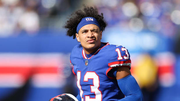 Oct 22, 2023; East Rutherford, New Jersey, USA; New York Giants wide receiver Jalin Hyatt (13) looks on during the first half against the Washington Commanders at MetLife Stadium.