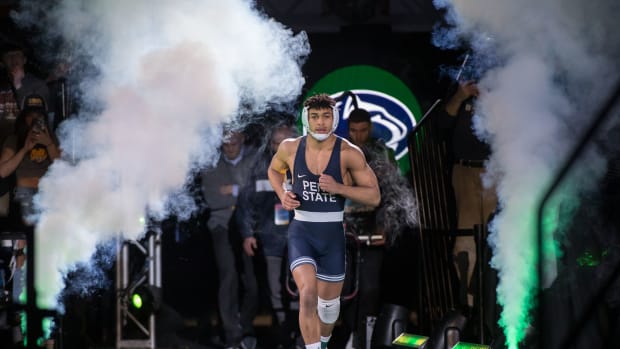 Penn State's Carter Starocci is introduced before the 174-pound title bout at the 2023 NCAA Wrestling Championships.