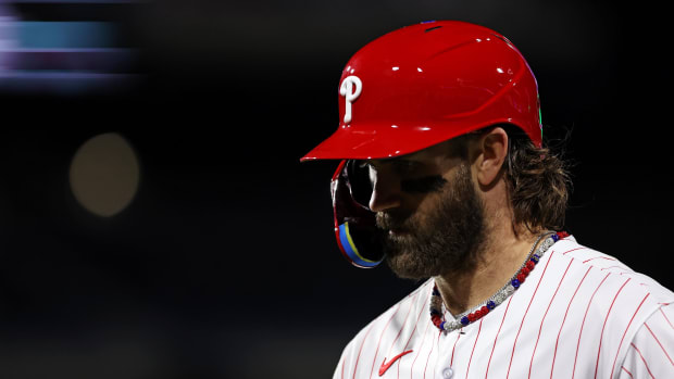 Oct 23, 2023; Philadelphia, Pennsylvania, USA; Philadelphia Phillies first baseman Bryce Harper (3) walks to the dugout after hitting a pop up during the eighth inning against the Arizona Diamondbacks in game six of the NLCS for the 2023 MLB playoffs at Citizens Bank Park. Mandatory Credit: Bill Streicher-USA TODAY Sports