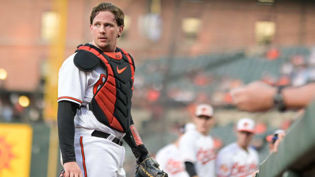 Sep 11, 2023; Baltimore, Maryland, USA; Baltimore Orioles catcher Adley Rutschman (35) looks back to the field while walking to the dugout after the second inning against the St. Louis Cardinals at Oriole Park at Camden Yards. Mandatory Credit: Tommy Gilligan-USA TODAY Sports