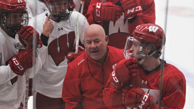Wisconsin men's hockey coach Mike Hastings guides the team through practice at La Bahn Arena in Madison, Wis. at Tuesday Sept. 26, 2026.