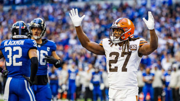 Oct 22, 2023; Indianapolis, Indiana, USA; Cleveland Browns running back Kareem Hunt (27) celebrates his game winning touchdown in the second half against the Indianapolis Colts at Lucas Oil Stadium.