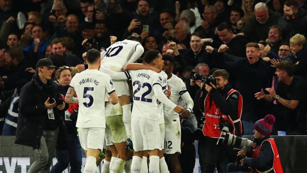 Tottenham Hotspur players and supporters pictured celebrating a goal during an away win at Crystal Palace in October 2023