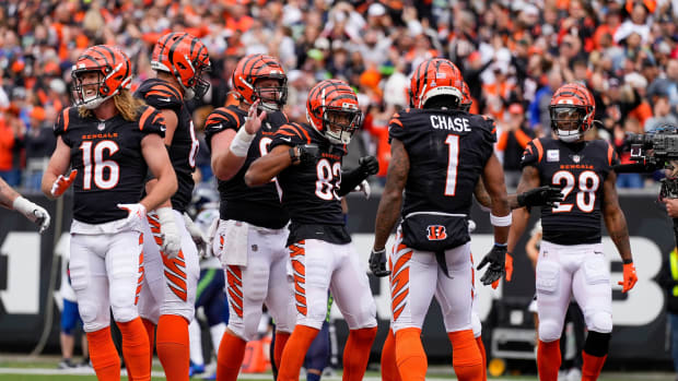 Cincinnati Bengals wide receiver Tyler Boyd (83) celebrates a touchdown in the first quarter of the NFL Week 6 game between the Cincinnati Bengals and the Seattle Seahawks at Paycor Stadium in downtown Cincinnati on Sunday, Oct. 15, 2023.  