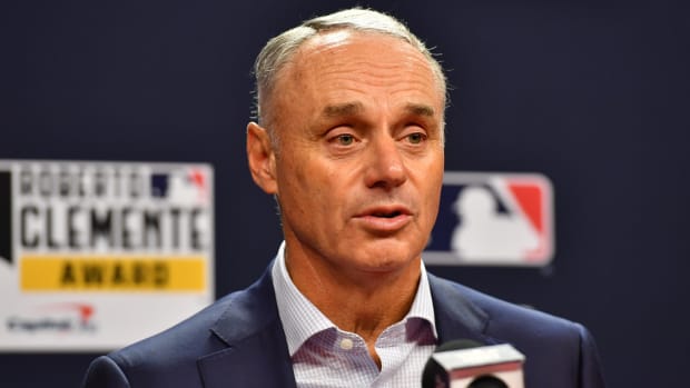 MLB commissioner Rob Manfred speaks at a press conference.