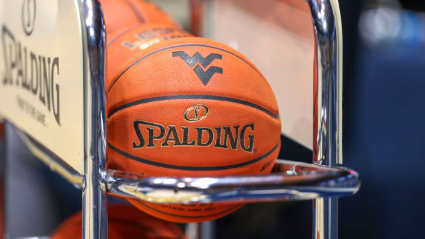 Nov 15, 2022; Morgantown, West Virginia, USA; The West Virginia Mountaineers logo is seen before the game against the Morehead State Eagles at WVU Coliseum. Mandatory Credit: Ben Queen-USA TODAY Sports  