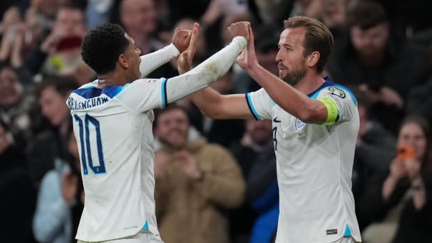 Jude Bellingham (left) and Harry Kane pictured celebrating a goal during England's 3-1 win over Italy at Wembley in October 2023