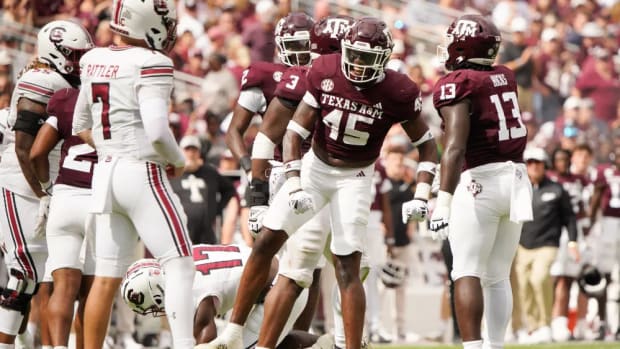 Oct 28, 2023; College Station, Texas; Texas A&M Aggies linebacker Edgerrin Cooper (45) celebrates a tackle against the South Carolina Gamecocks during the second quarter at Kyle Field.