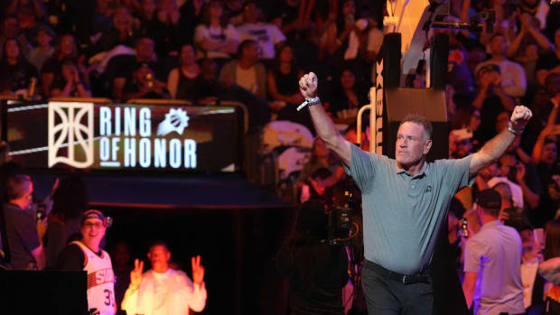Phoenix, Arizona, USA; Phoenix Suns legend Dan Majerle greets fans during a Ring of Honor half time ceremony of the game against the Utah Jazz at Footprint Center.