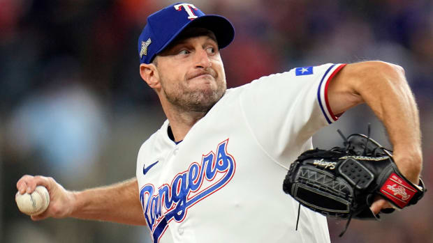 Rangers starting pitcher Max Scherzer throws a pitch against the Astros during the first inning in Game 3 of the American League Championship Series.