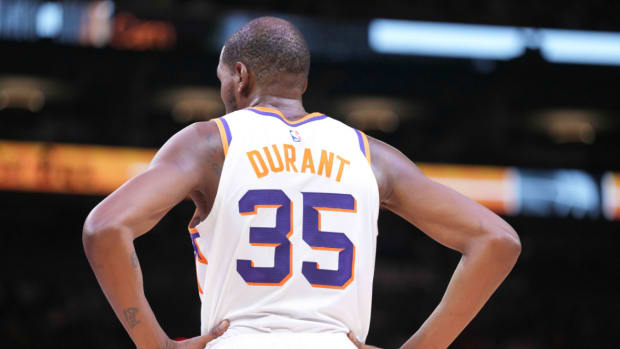Phoenix Suns forward Kevin Durant (35) looks on against the Utah Jazz during the second half at Footprint Center.