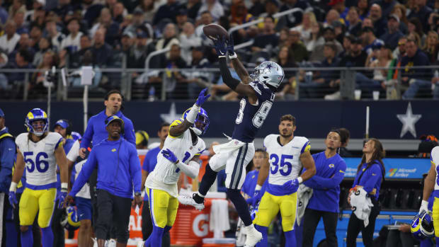 Oct 29, 2023; Arlington, Texas, USA; Dallas Cowboys wide receiver CeeDee Lamb (88) catches a pass against Los Angeles Rams cornerback Derion Kendrick (1) in the third quarter at AT&T Stadium. Mandatory Credit: Tim Heitman-USA TODAY Sports