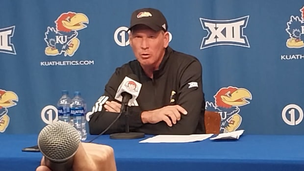 Lance Leipold speaks with the media after his team defeated the Oklahoma Sooners
