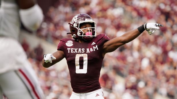 Oct 28, 2023; College Station, Texas, USA; Texas A&M Aggies wide receiver Ainias Smith (0) calls to teammates during the second quarter against the South Carolina Gamecocks at Kyle Field.