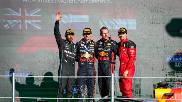 From left, Lewis Hamilton (2nd place), Max Verstappen (winner), Sergio Perez (DNF) and Charles LeClerc (3rd place). Photo courtesy Formula One.