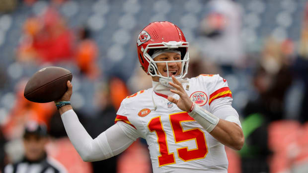 Oct 29, 2023; Denver, Colorado, USA; Kansas City Chiefs quarterback Patrick Mahomes (15) warms up before the game against the Denver Broncos at Empower Field at Mile High. Mandatory Credit: Isaiah J. Downing-USA TODAY Sports  
