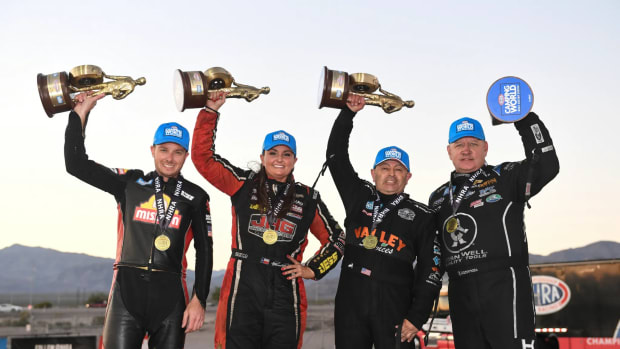 NHRA Las Vegas winners (from left): Gaige Herrera (Pro Stock Motorcycle), Erica Enders (Pro Stock), Robert Hight (Funny Car) and Mike Salinas (Top Fuel). Photo courtesy NHRA.