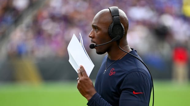 Sep 10, 2023; Baltimore, Maryland, USA; Houston Texans head coach DeMeco Ryans looks on against the Baltimore Ravens during the second half at M&T Bank Stadium.