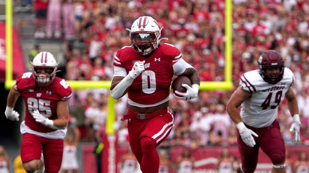 Wisconsin running back Braelon Allen (0) run 36-yards for a touchdown during the first quarter of their game against New Mexico State Saturday, September 17, 2022 at Camp Randall Stadium in Madison, Wis.MARK HOFFMAN/MILWAUKEE JOURNAL SENTINEL
