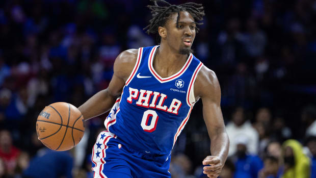 Oct 29, 2023; Philadelphia, Pennsylvania, USA; Philadelphia 76ers guard Tyrese Maxey (0) dribbles the ball against the Portland Trail Blazers during the third quarter at Wells Fargo Center. Mandatory Credit: Bill Streicher-USA TODAY Sports