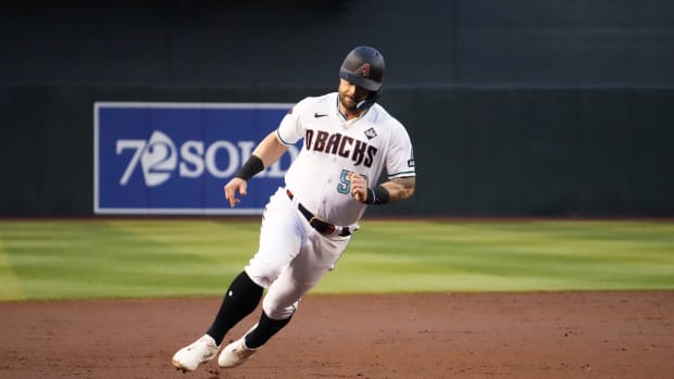 Arizona Diamondbacks first baseman Christian Walker (53) rounds third base during the second inning against the Texas Rangers in game three of the 2023 World Series at Chase Field on Oct. 30, 2023, in Phoenix, Arizona.