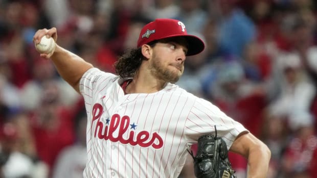 Philadelphia Phillies starting pitcher Aaron Nola (27) throws to the Arizona Diamondbacks in the sixth inning during Game 2 of the NLCS at Citizens Bank Park in Philadelphia on Oct. 17, 2023.