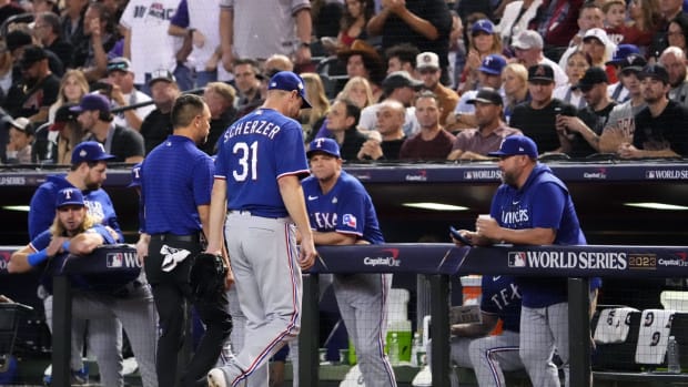 Texas Rangers starting pitcher Max Scherzer (31) walks to the dugout after being replaced during the fourth inning against the Arizona Diamondbacks in game three of the 2023 World Series at Chase Field on Oct. 30, 2023, in Phoenix, Arizona.