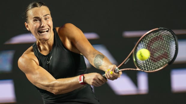 Aryna Sabalenka returns a shot during her match against Jessica Pegula on day three of the GNP Saguaros WTA Finals Cancun.