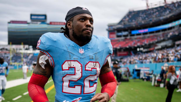 Tennessee Titans running back Derrick Henry (22) heads to the locker room after defeating the Atlanta Falcons at Nissan Stadium in Nashville, Tenn., on Oct. 29.