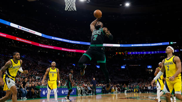 Boston Celtics forward Jaylen Brown dunks vs the Indiana Pacers
