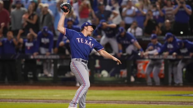 Texas Rangers relief pitcher Josh Sborz (66) celebrates after defeating the Arizona Diamondbacks to win the World Series in game five of the 2023 World Series at Chase Field.