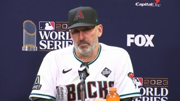 Arizona Diamondbacks manager Torey Lovullo speaks to the media after his team loses Game 5 of the World Series to fall to the Rangers 4-1.