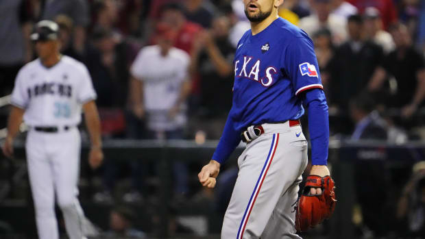 Texas Rangers starting pitcher Nathan Eovaldi (17) reacts during the third inning against the Arizona Diamondbacks during game five of the 2023 World Series at Chase Field in Phoenix on Nov. 1, 2023. 