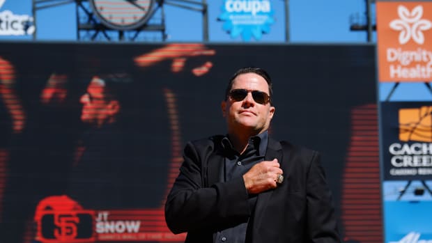 Former San Francisco Giants player JT Snow is introduced during a Wall of Fame induction ceremony before the game against the Atlanta Braves at Oracle Park.