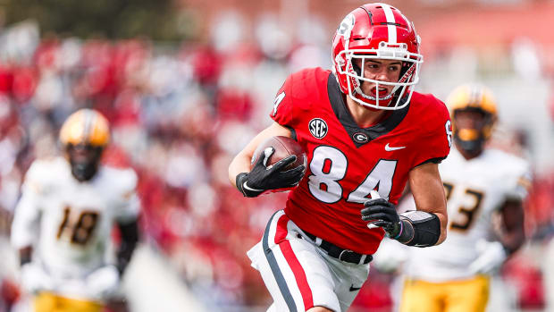 Georgia wide receiver Ladd McConkey (84) during the Bulldogs’ game against Missouri on Dooley Field at Sanford Stadium in Athens, Ga., on Saturday, Nov. 6, 2021. (Photo by Tony Walsh)  