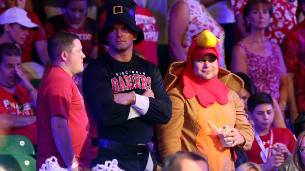 Nov 22, 2018; Paradise Island, BAHAMAS; Wisconsin Badgers fans dressed for Thanksgiving during the second half against the Oklahoma Sooners at Imperial Arena. Mandatory Credit: Kevin Jairaj-USA TODAY Sports
