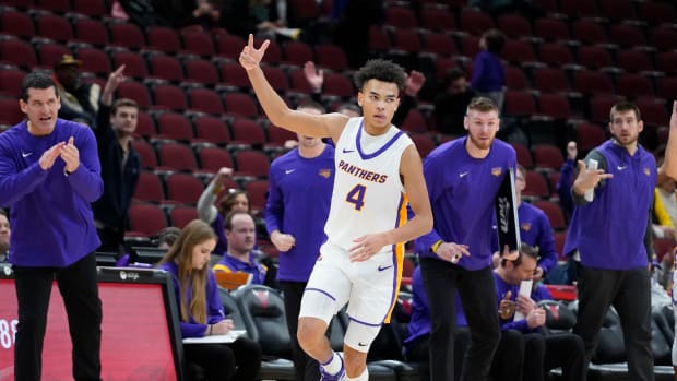 Dec 17, 2022; Chicago, Illinois, USA; Northern Iowa Panthers guard Trey Campbell (4) gestures after making a three point basket against the Towson Tigers during the second half at United Center. Mandatory Credit: David Banks-USA TODAY Sports