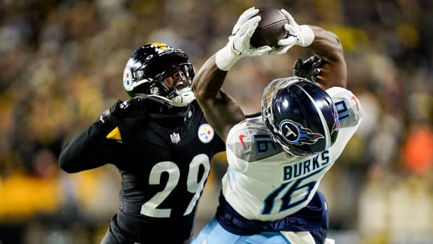 Titans wide receiver Treylon Burks was carted off the field with an injury on Thursday vs. the Steelers.