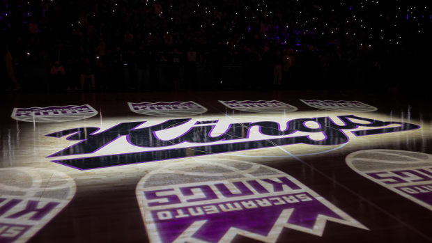 Oct 27, 2023; Sacramento, California, USA; A general of the Sacramento Kings logo on the court before the game against the Golden State Warriors at Golden 1 Center. Mandatory Credit: Sergio Estrada-USA TODAY Sports  