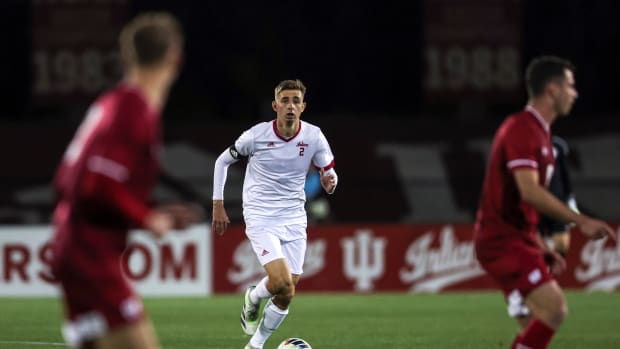 Nov. 3, 2023. Indiana defender Joey Maher (2) dribbles with the ball against Wisconsin in the Big Ten Tournament quarterfinal. Indiana won 2-1 in regulation.