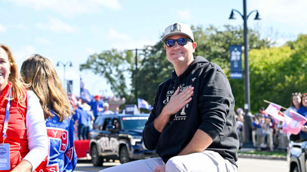 Nov 3, 2023; Arlington, TX, USA; Texas Rangers genera manager Chris Young smiles to the fans during the World Series championship parade at Globe Life Field. Mandatory Credit: Jerome Miron-USA TODAY Sports