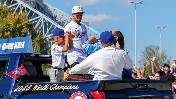 Texas Rangers second baseman Marcus Semien and his family during the Nov. 3 World Series championship parade at Globe Life Field.