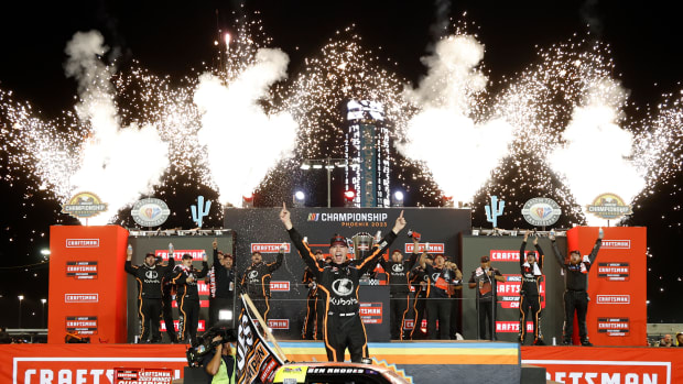 Ben Rhode celebrates after winning the 2023 NASCAR Craftsman Truck Series Championship at Phoenix Raceway. (Photo by Chris Graythen/Getty Images)