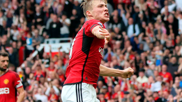 Rasmus Hojlund pictured celebrating a goal for Manchester United against Brighton in September before it was disallowed following a VAR review