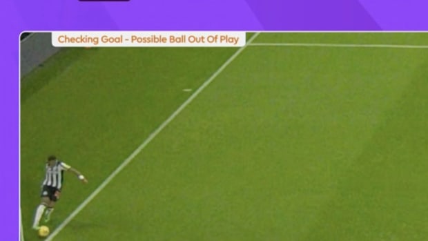 This image was looked at by the VAR during Newcastle's 1-0 win over Arsenal in November 2023 to try to determine whether the ball had left the field of play shortly before a goal was scored by Anthony Gordon