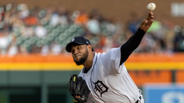 Aug 26, 2023; Detroit, Michigan, USA; Detroit Tigers starting pitcher Eduardo Rodriguez (57) throws in the first inning against the Houston Astros at Comerica Park.