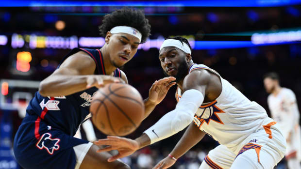 Phoenix Suns guard Josh Okogie (2) defends Philadelphia 76ers guard Jaden Springer (11) in the third quarter at Wells Fargo Center.