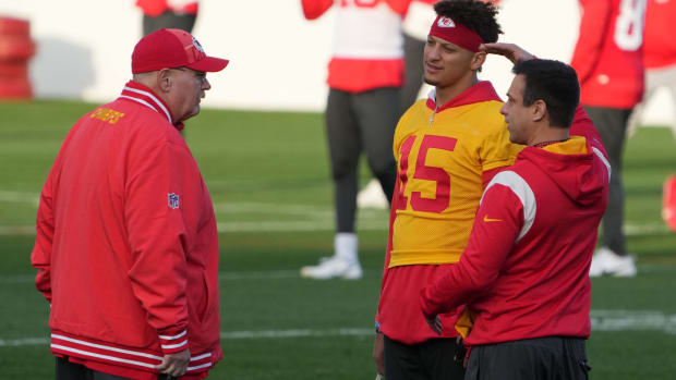 Nov 3, 2023; Frankfurt, Germany; Kansas City Chiefs coach Andy Reid (left), quarterback Patrick Mahomes (15) and general manager Brett Veach during practice at DFB Campus. Mandatory Credit: Kirby Lee-USA TODAY Sports