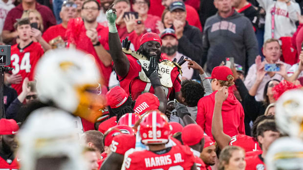 Nov 4, 2023; Athens, Georgia, USA; Georgia Bulldogs defensive lineman Nazir Stackhouse (78) reacts and wears the turnover shoulder pads after intercepting a pass against the Missouri Tigers during the second half at Sanford Stadium.